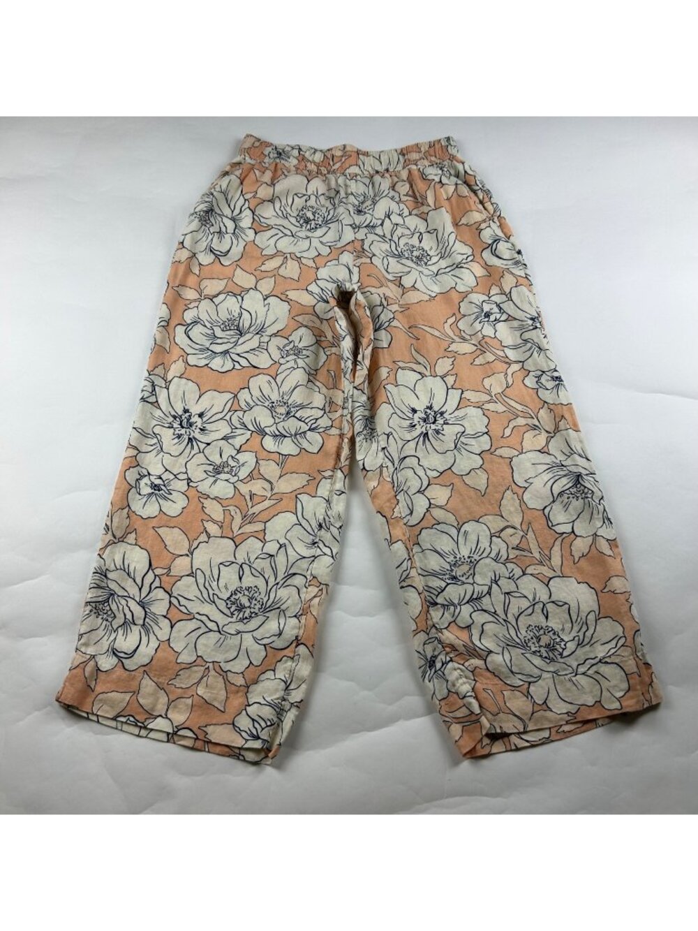 Rachel Zoe Peach Floral Print Linen Relaxed Leg Cropped Pant M